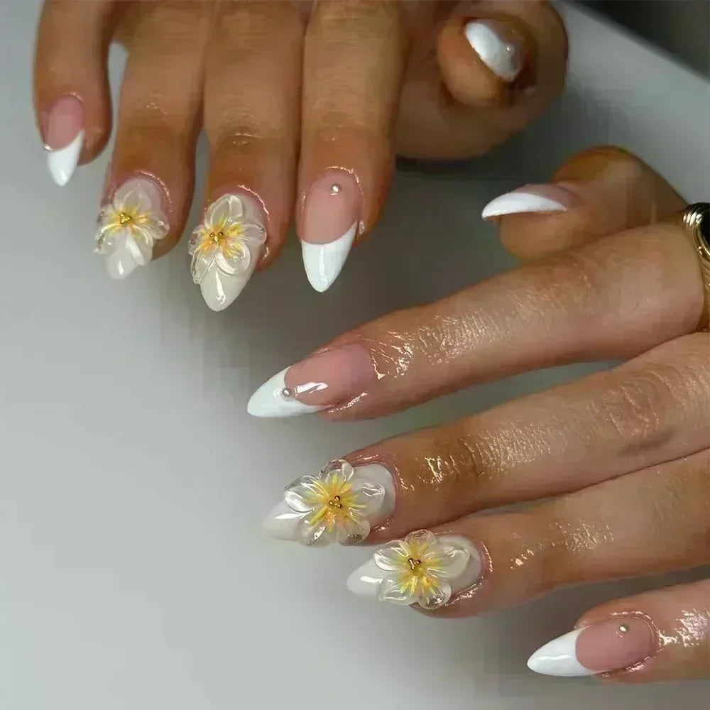 24Pcs Pink Almond False Nails Sweet Summer Fake Nail Cute Flowers Pearl Nails Press Ons Colorful Monet Press on Nails for Girls
