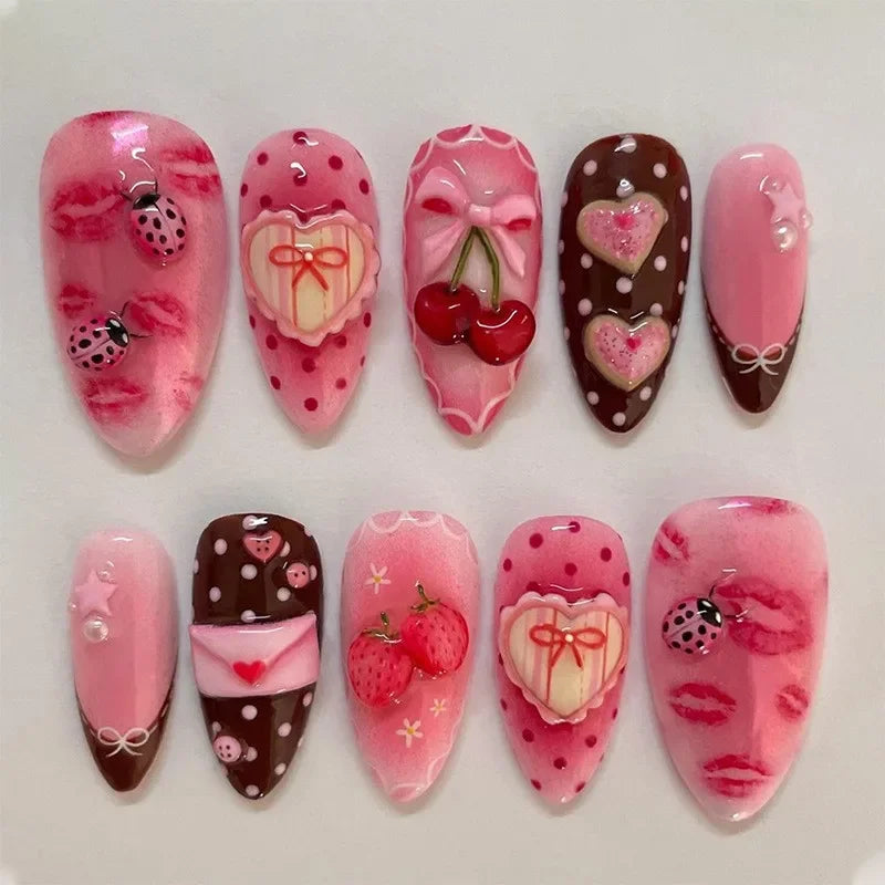 30Pcs Almond False Nails Tips Summer Beach Colorful Nails Sets with Pearl Flower Design Press on Nails Art Wearable Fake Nail
