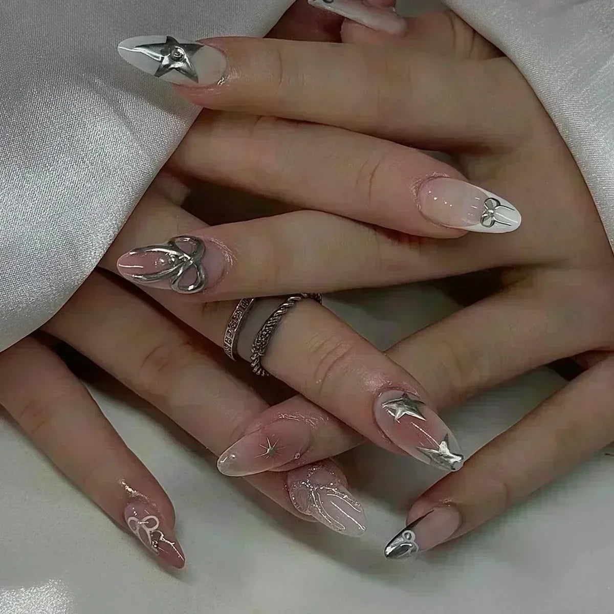 24Pcs Pink Almond False Nails Sweet Summer Fake Nail Cute Flowers Pearl Nails Press Ons Colorful Monet Press on Nails for Girls