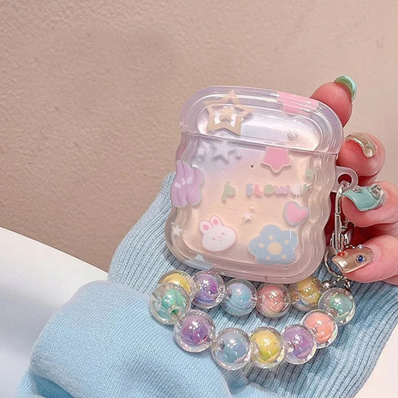 Korean Cute 3D Pink Star Wavy Border Headphones Case For AirPods 1 2 3 With Love Heart Bead Pendant Soft Cover For AirPods Pro 2