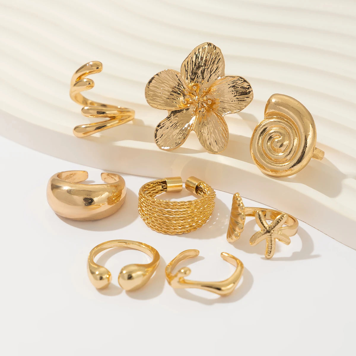 Ingemark 8Pcs/Set Vintage Metal Petal Flower Water Drop Open Rings for Women Trend 2025 Goth Geometric Ring Daily Jewelry Gift