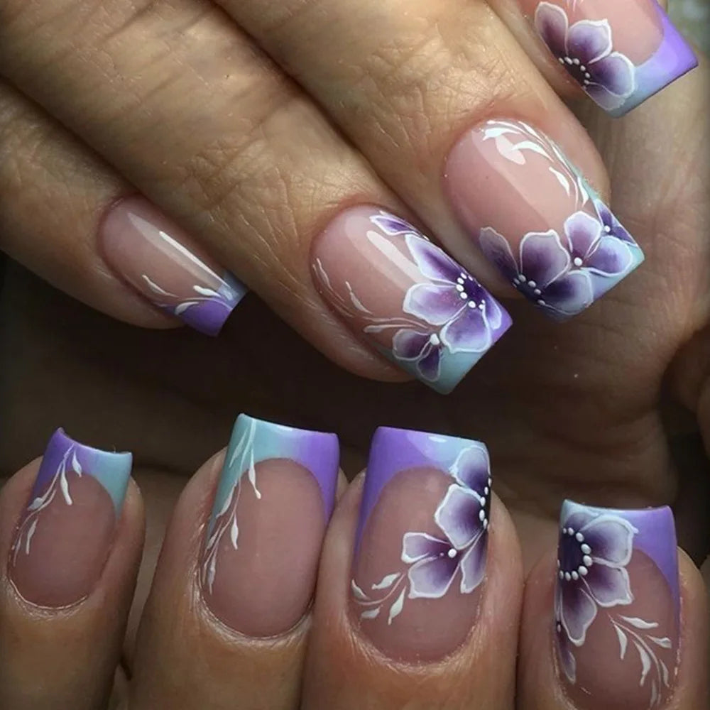 24pcs 3D Flower Press on Nails French Square False Nails Wearable Stick-on Nail Fake Nails Uñas Postizas Накладные Ногти 네일팁