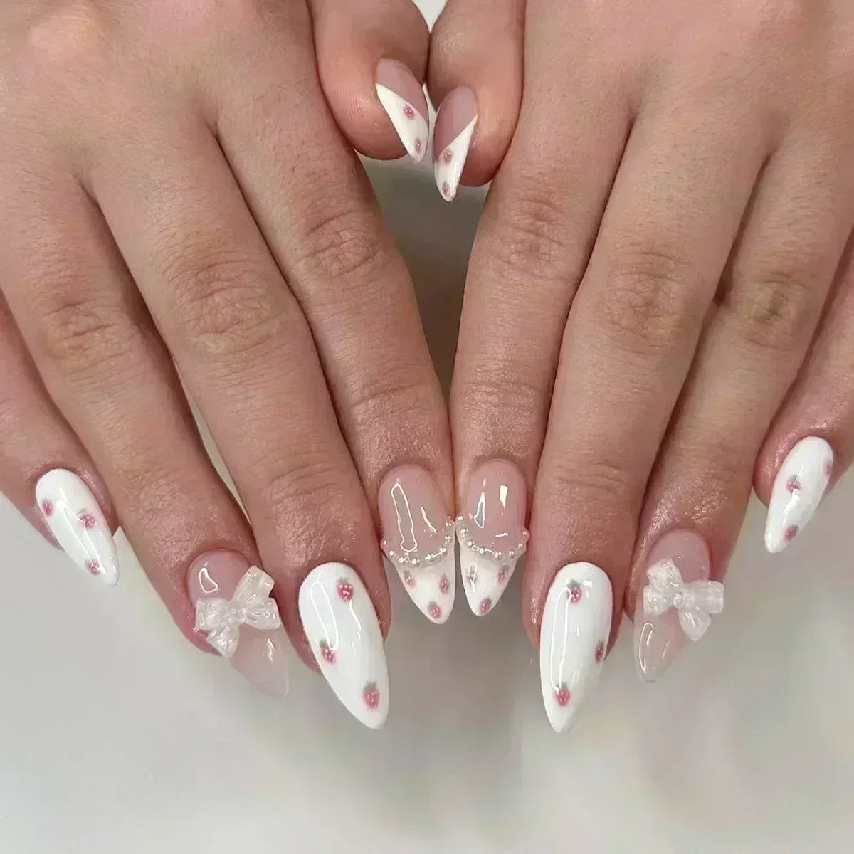 24Pcs Pink Almond False Nails Sweet Summer Fake Nail Cute Flowers Pearl Nails Press Ons Colorful Monet Press on Nails for Girls