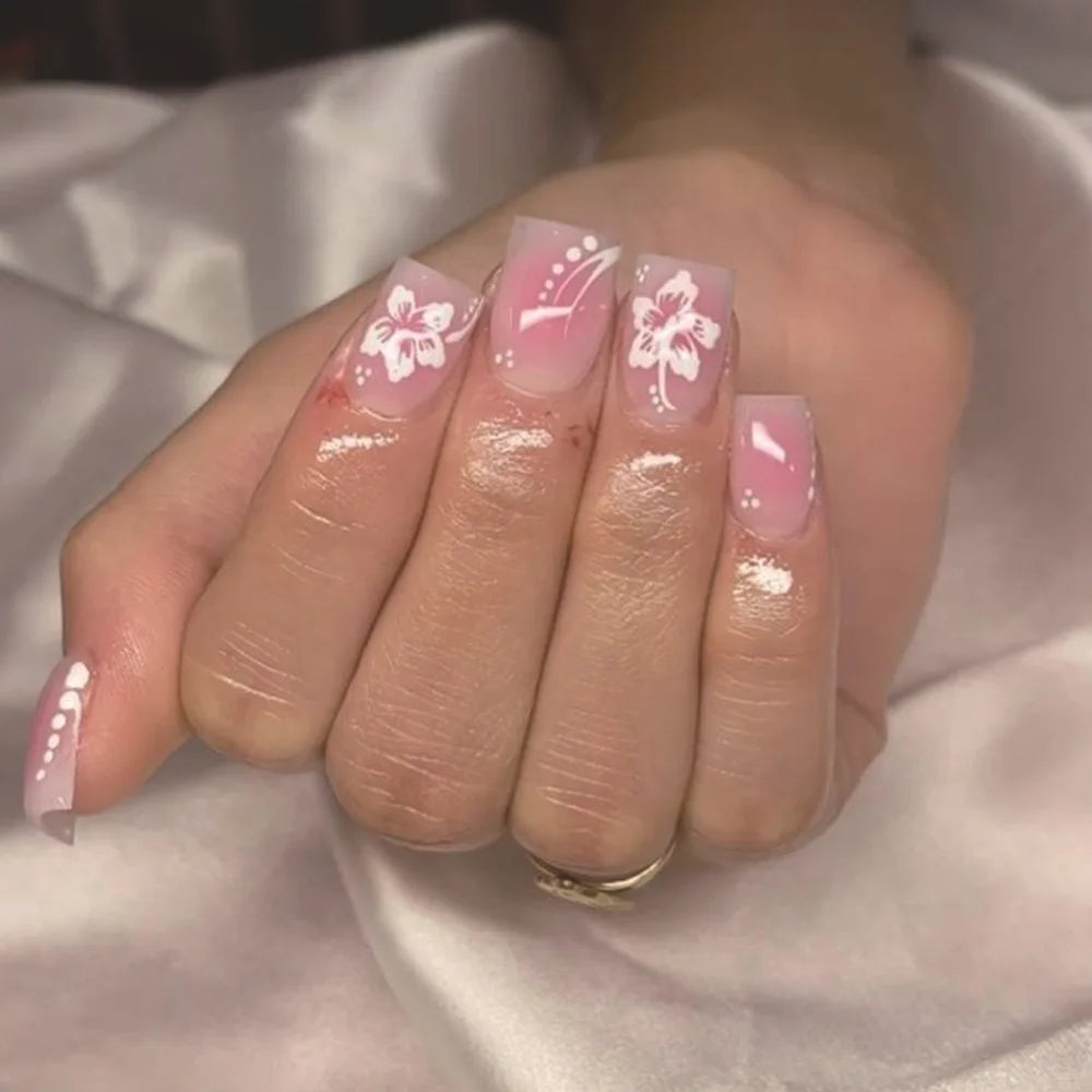 24pcs 3D Flower Press on Nails French Square False Nails Wearable Stick-on Nail Fake Nails Uñas Postizas Накладные Ногти 네일팁