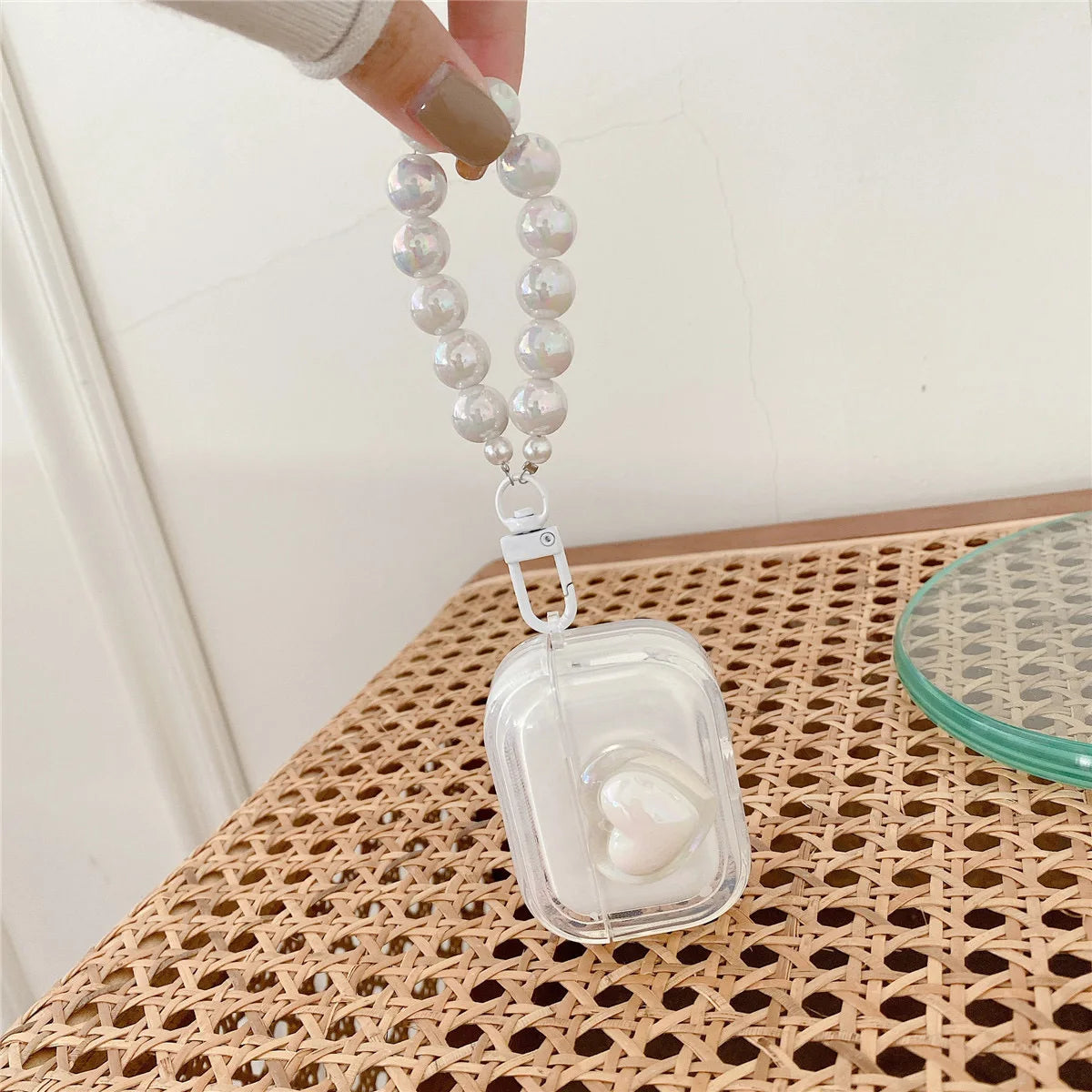 Simple Laser Pearl Heart Earphone Case for AirPods 2 Pro 3 Generation Headset Charging Box Protect Cover for Air Pods Keychain