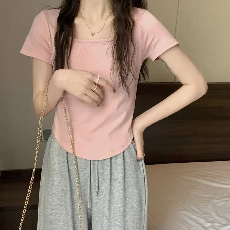 2025 Summer New Korean Style Short Sleeve Women's T-shirt Slimming U-neck Top Direct From Manufacturer Slimming Design Women's