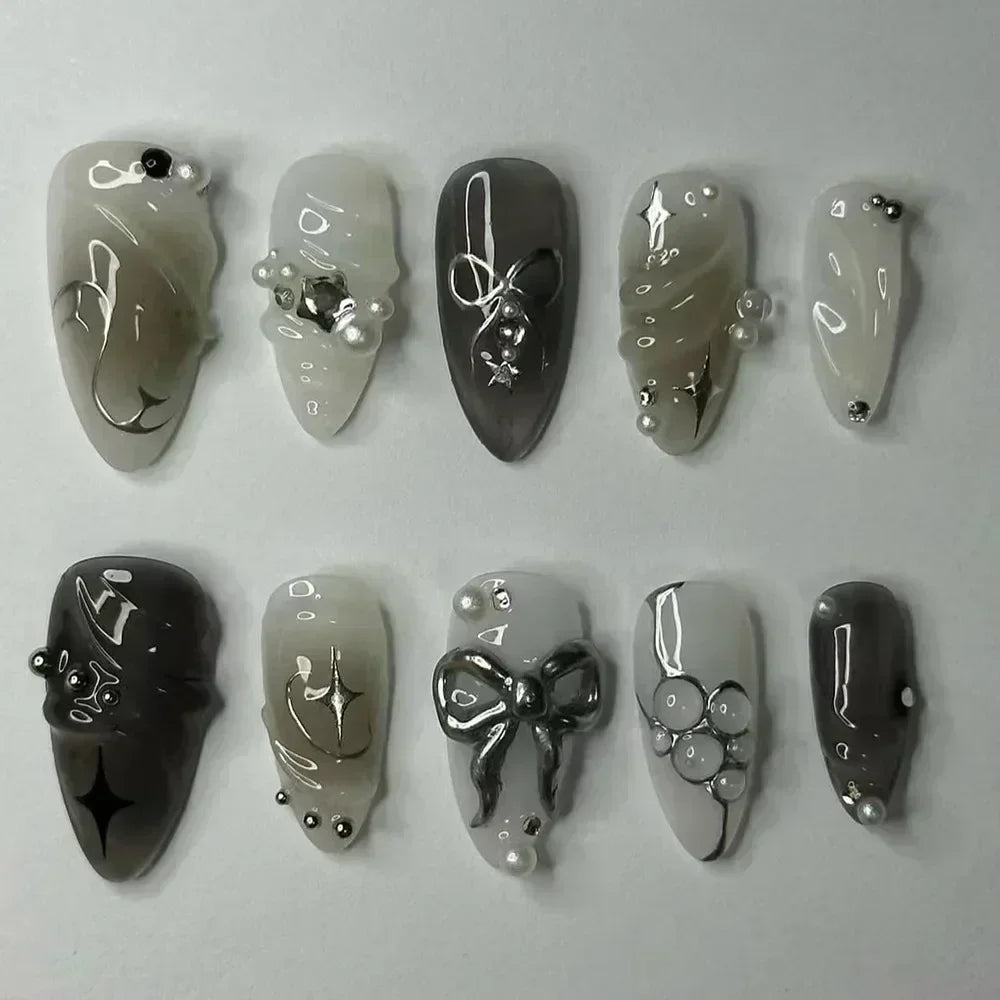 24Pcs Pink Almond False Nails Sweet Summer Fake Nail Cute Flowers Pearl Nails Press Ons Colorful Monet Press on Nails for Girls