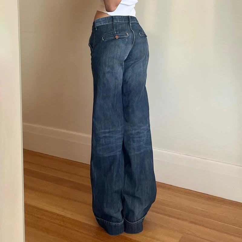 Darlingaga Fashion Washed Buttons Jeans For Women Loose Low Rise Basic Trousers Chic Style Pockets Straight Leg Denim Pants New