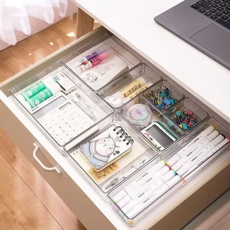 4/7-Piece Versatile Drawer Organizer Set - Clear Plastic Trays and Dividers in 4 Sizes for Perfect Makeup and Kitchen Storage