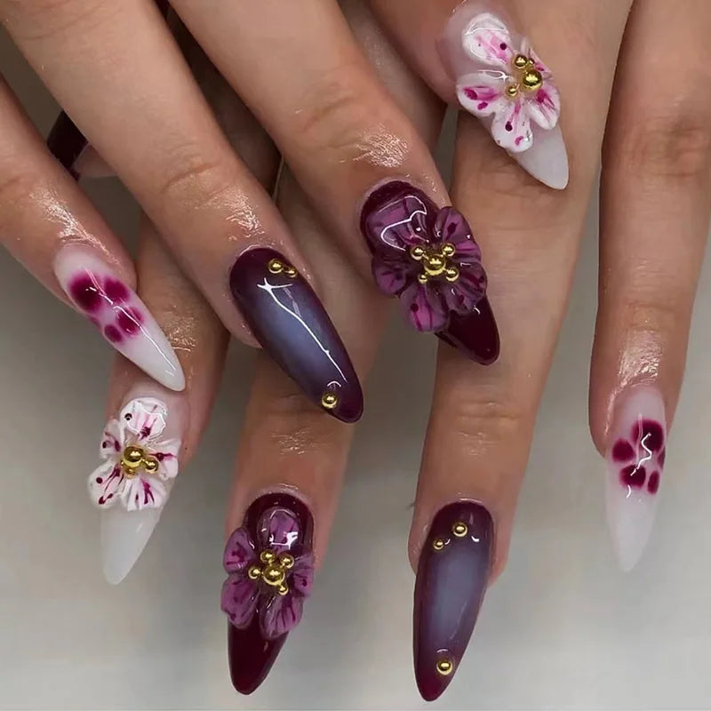 24Pcs Pink Almond False Nails Sweet Summer Fake Nail Cute Flowers Pearl Nails Press Ons Colorful Monet Press on Nails for Girls