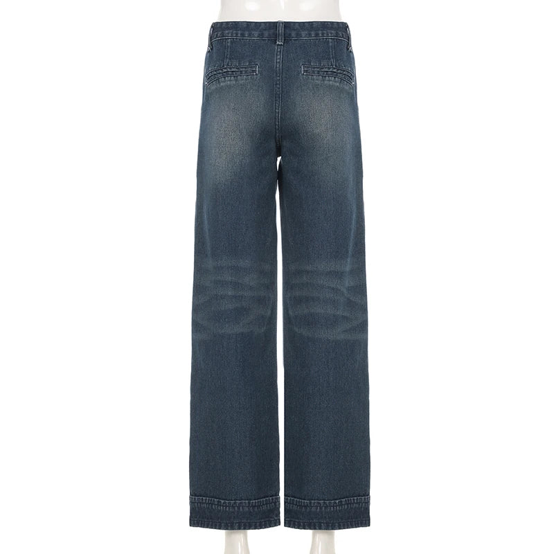 Darlingaga Fashion Washed Buttons Jeans For Women Loose Low Rise Basic Trousers Chic Style Pockets Straight Leg Denim Pants New