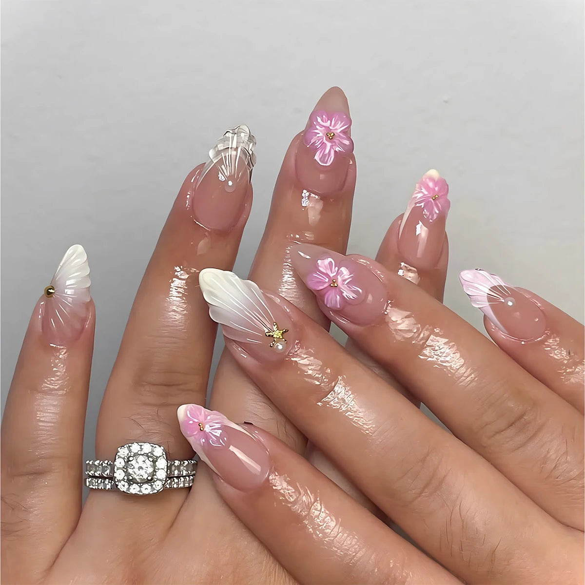 24Pcs Pink Almond False Nails Butterfly Ballet with French Design Wearable Fake Nails Simple Artificial Press on Nails Tips Art
