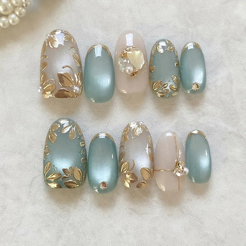 24Pcs Pink Almond False Nails Sweet Summer Fake Nail Cute Flowers Pearl Nails Press Ons Colorful Monet Press on Nails for Girls