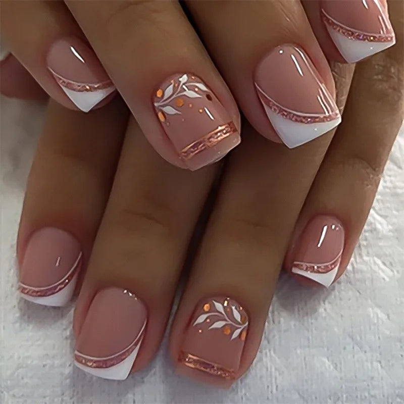 24pcs 3D Flower Press on Nails French Square False Nails Wearable Stick-on Nail Fake Nails Uñas Postizas Накладные Ногти 네일팁