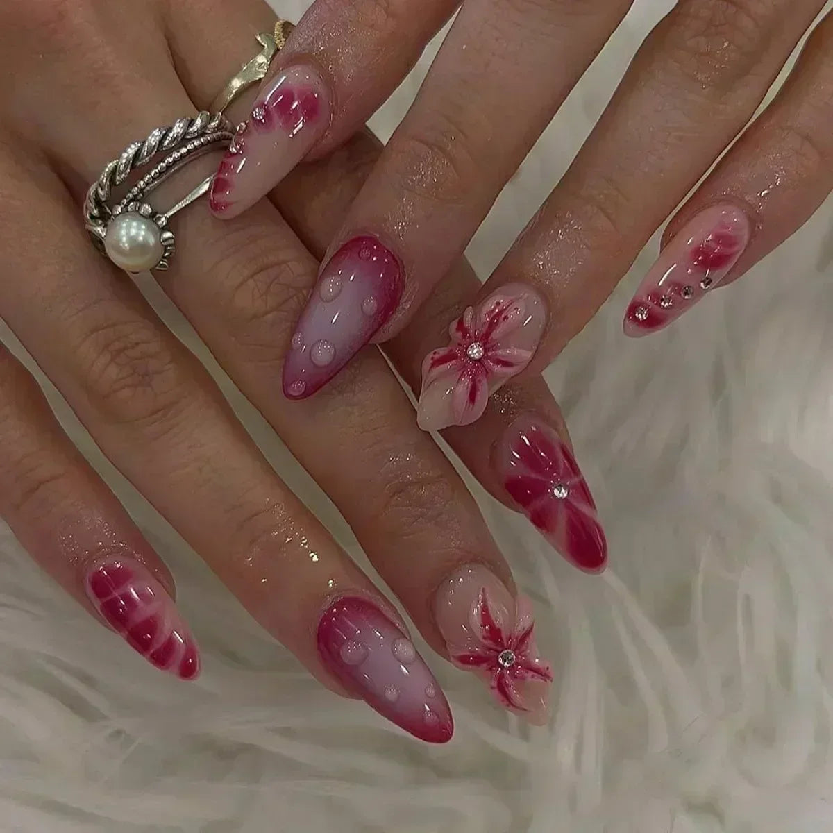 24Pcs Pink Almond False Nails Sweet Summer Fake Nail Cute Flowers Pearl Nails Press Ons Colorful Monet Press on Nails for Girls