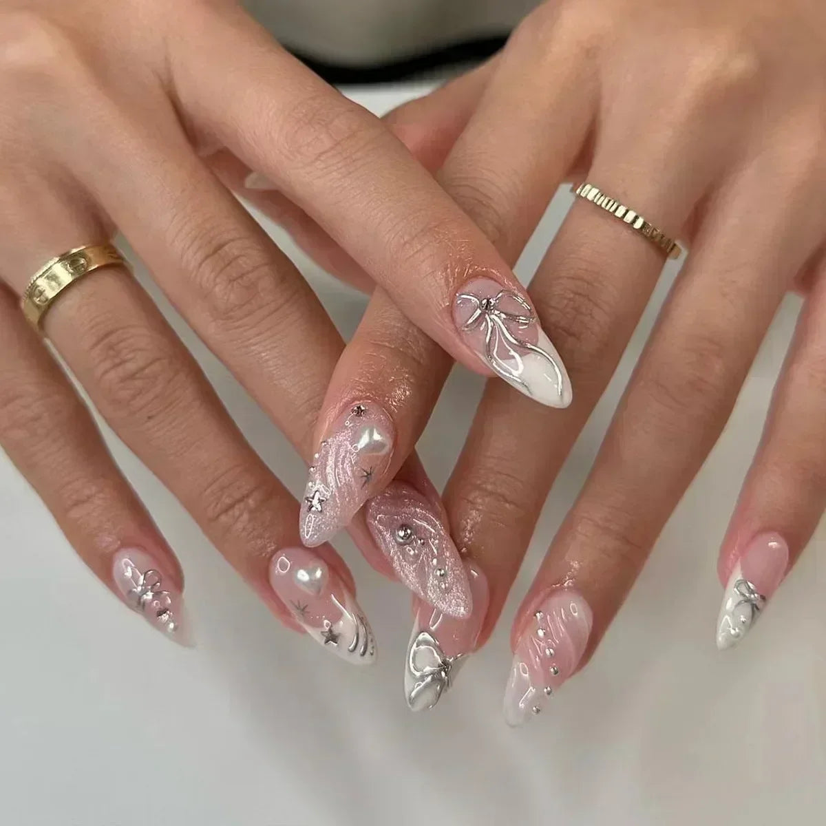 24Pcs Pink Almond False Nails Sweet Summer Fake Nail Cute Flowers Pearl Nails Press Ons Colorful Monet Press on Nails for Girls