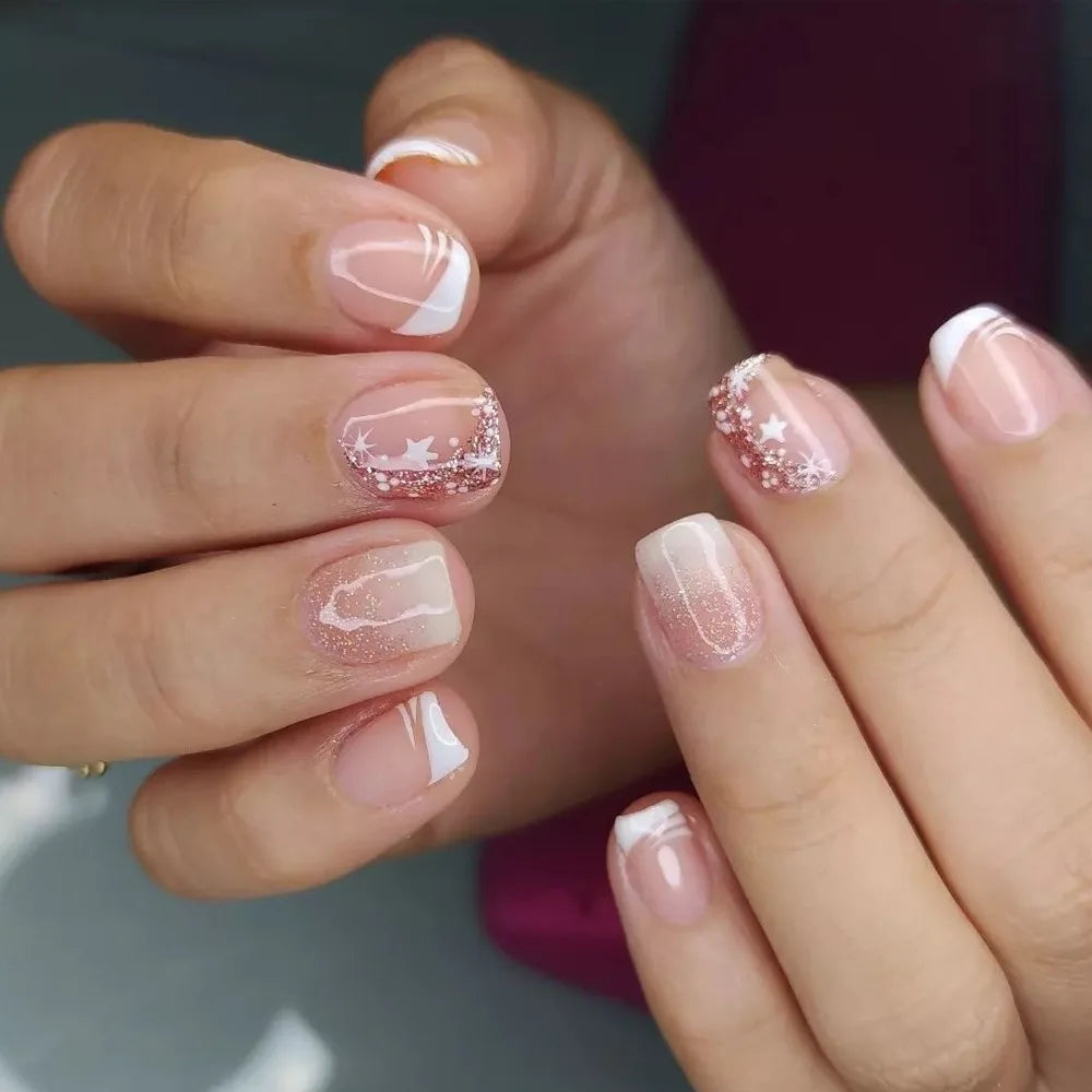24pcs 3D Flower Press on Nails French Square False Nails Wearable Stick-on Nail Fake Nails Uñas Postizas Накладные Ногти 네일팁