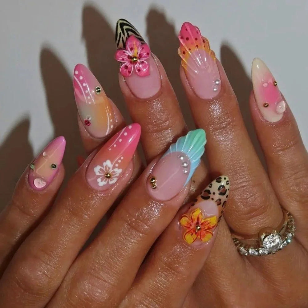 24Pcs Pink Almond False Nails Butterfly Ballet with French Design Wearable Fake Nails Simple Artificial Press on Nails Tips Art