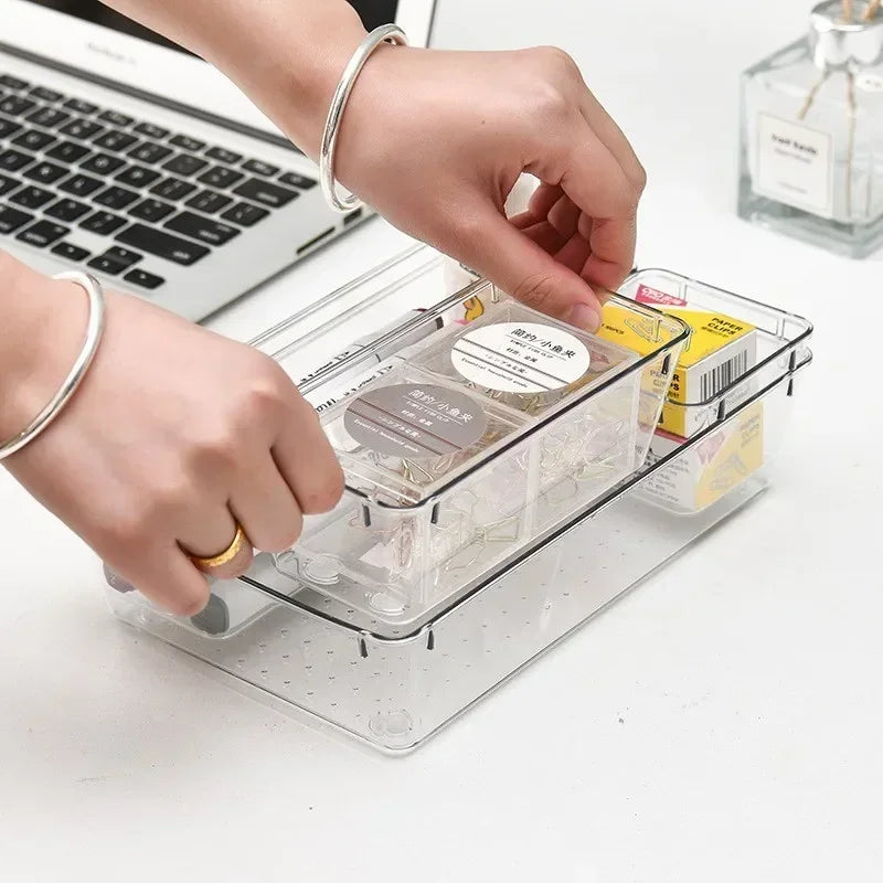 4/7-Piece Versatile Drawer Organizer Set - Clear Plastic Trays and Dividers in 4 Sizes for Perfect Makeup and Kitchen Storage