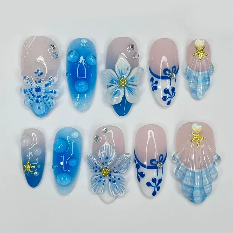 24Pcs Pink Almond False Nails Sweet Summer Fake Nail Cute Flowers Pearl Nails Press Ons Colorful Monet Press on Nails for Girls