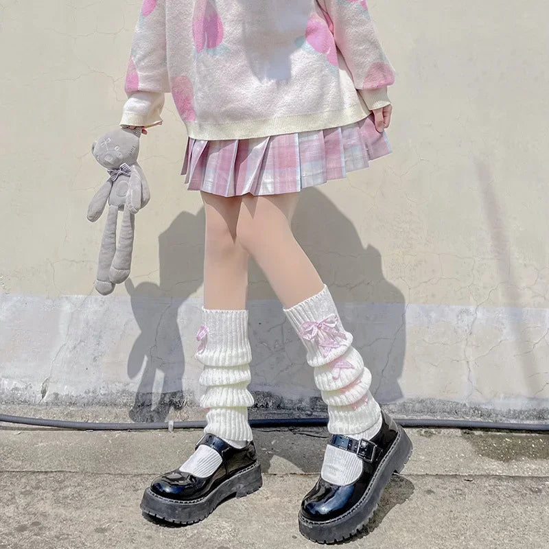 Ribbon Bow Leg Warmers Japanese Style Lolita Long Socks Women Gothic Legging Gaiters Knee Goth Winter Knitted Cuffs Ankle Warmer