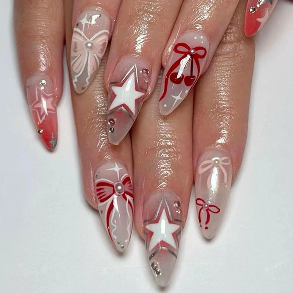 24Pcs Pink Almond False Nails Sweet Summer Fake Nail Cute Flowers Pearl Nails Press Ons Colorful Monet Press on Nails for Girls