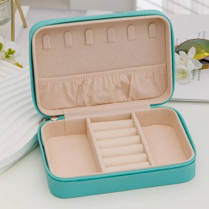 Fashion Women Portable Travel Jewelry Box PU Leather Necklace Ring Earrings Zipper Stotage Boxes Jewelry Display Cases Organizer