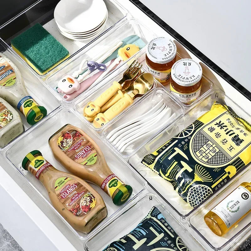 4/7-Piece Versatile Drawer Organizer Set - Clear Plastic Trays and Dividers in 4 Sizes for Perfect Makeup and Kitchen Storage