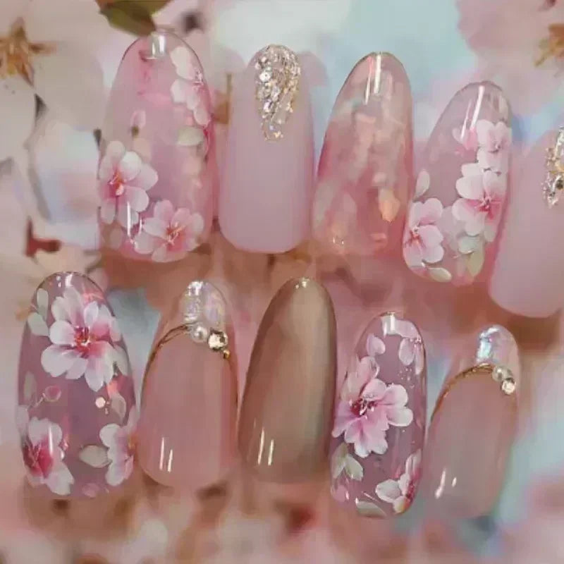 24Pcs Pink Almond False Nails Sweet Summer Fake Nail Cute Flowers Pearl Nails Press Ons Colorful Monet Press on Nails for Girls