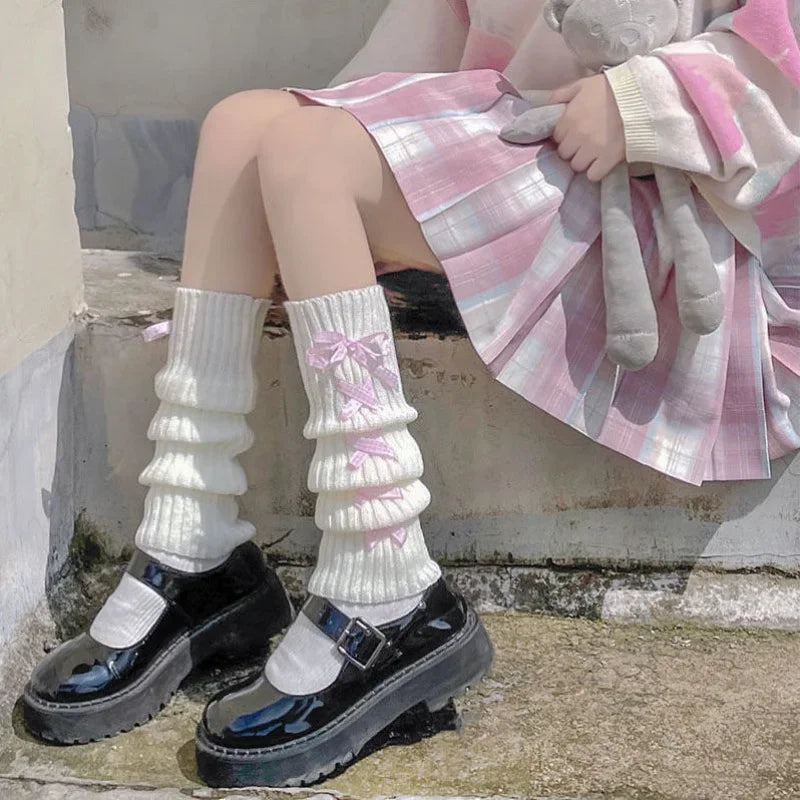 Ribbon Bow Leg Warmers Japanese Style Lolita Long Socks Women Gothic Legging Gaiters Knee Goth Winter Knitted Cuffs Ankle Warmer