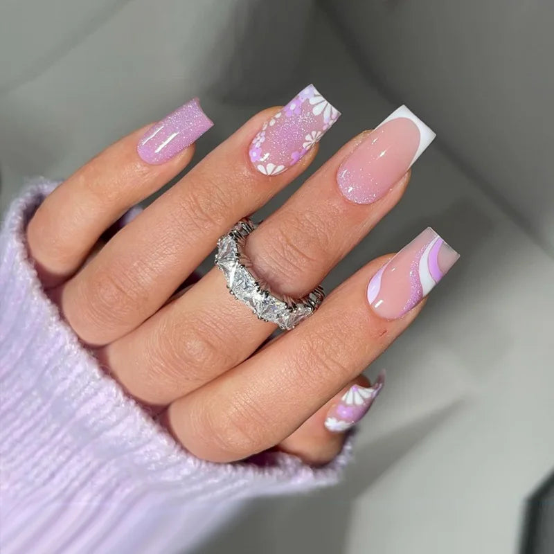 24pcs 3D Flower Press on Nails French Square False Nails Wearable Stick-on Nail Fake Nails Uñas Postizas Накладные Ногти 네일팁