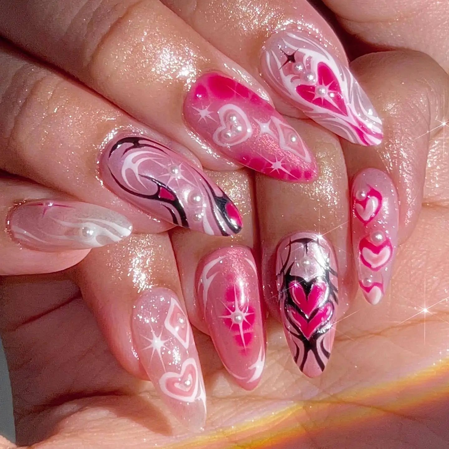 24Pcs Pink Almond False Nails Sweet Summer Fake Nail Cute Flowers Pearl Nails Press Ons Colorful Monet Press on Nails for Girls