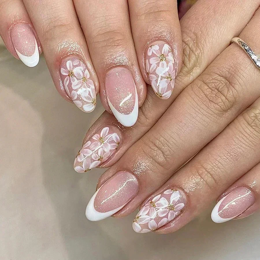24Pcs Pink Almond False Nails Sweet Summer Fake Nail Cute Flowers Pearl Nails Press Ons Colorful Monet Press on Nails for Girls