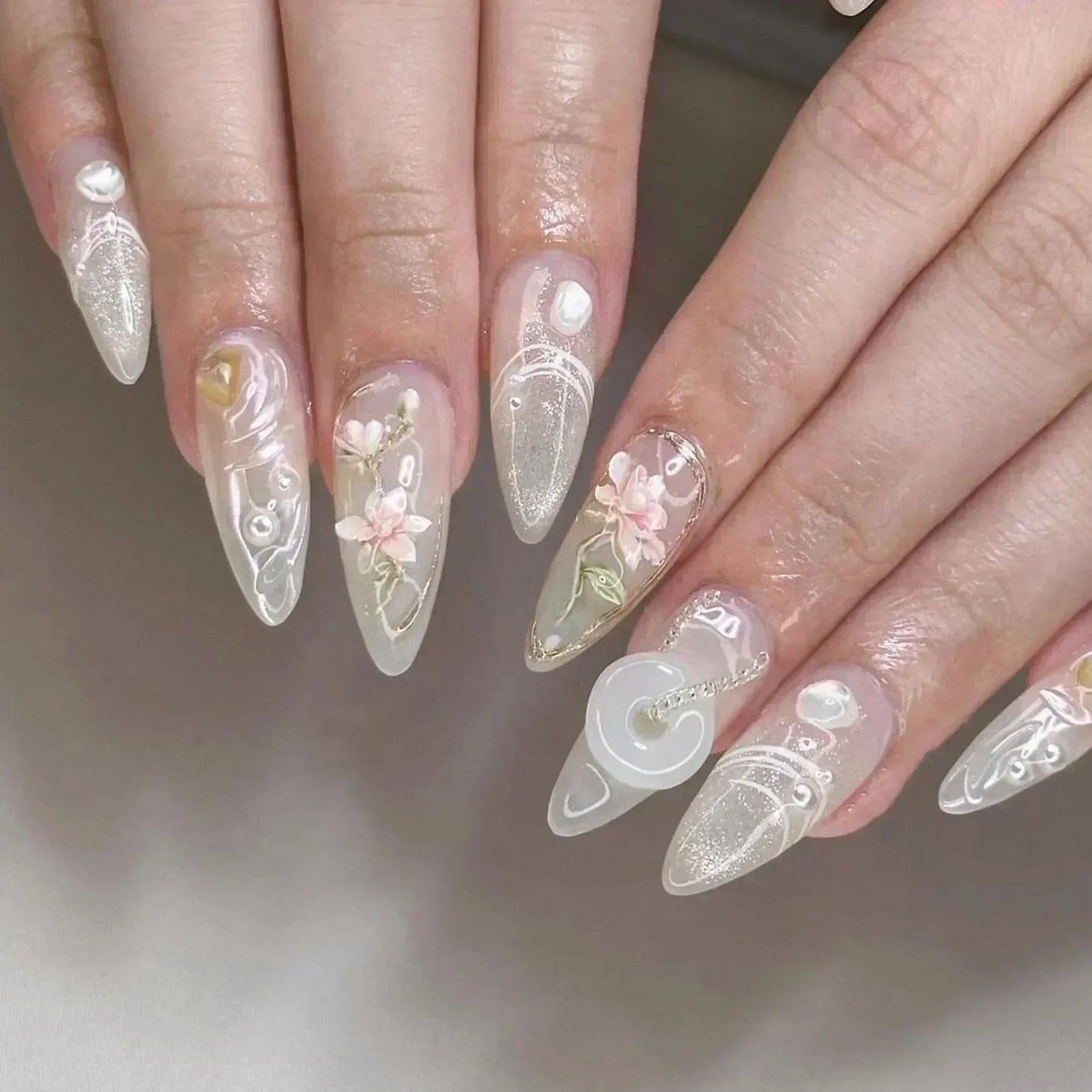 24Pcs Pink Almond False Nails Sweet Summer Fake Nail Cute Flowers Pearl Nails Press Ons Colorful Monet Press on Nails for Girls