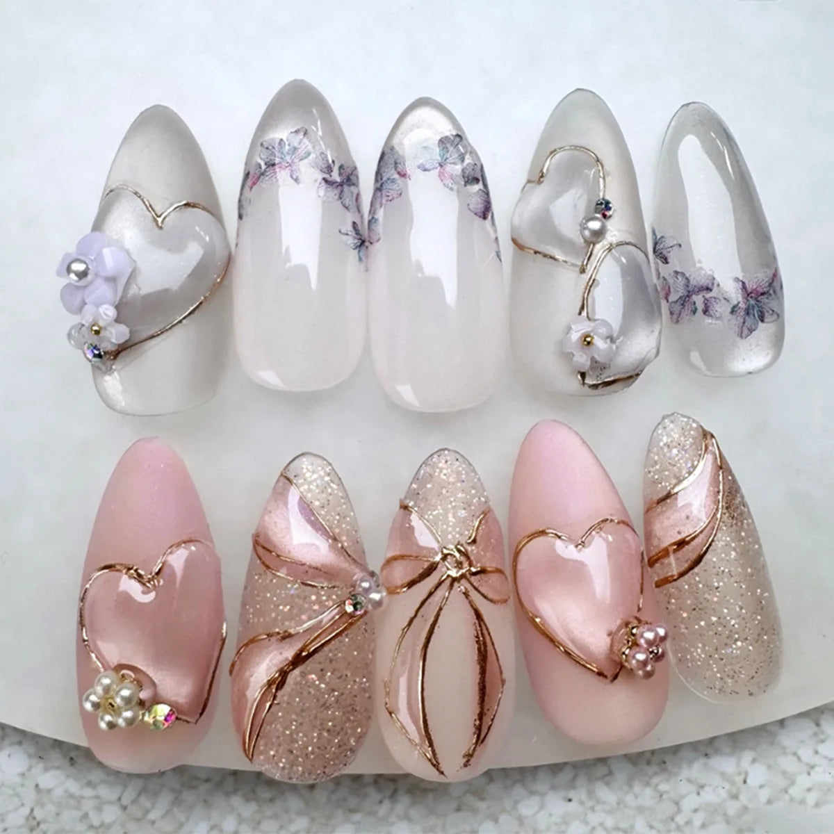 24Pcs Pink Almond False Nails Sweet Summer Fake Nail Cute Flowers Pearl Nails Press Ons Colorful Monet Press on Nails for Girls