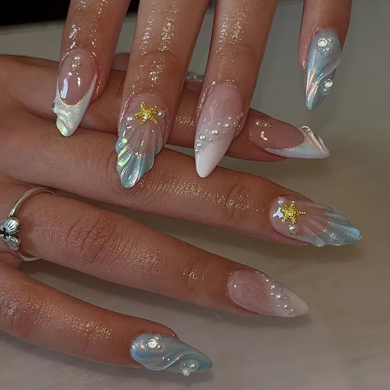 24Pcs Pink Almond False Nails Sweet Summer Fake Nail Cute Flowers Pearl Nails Press Ons Colorful Monet Press on Nails for Girls