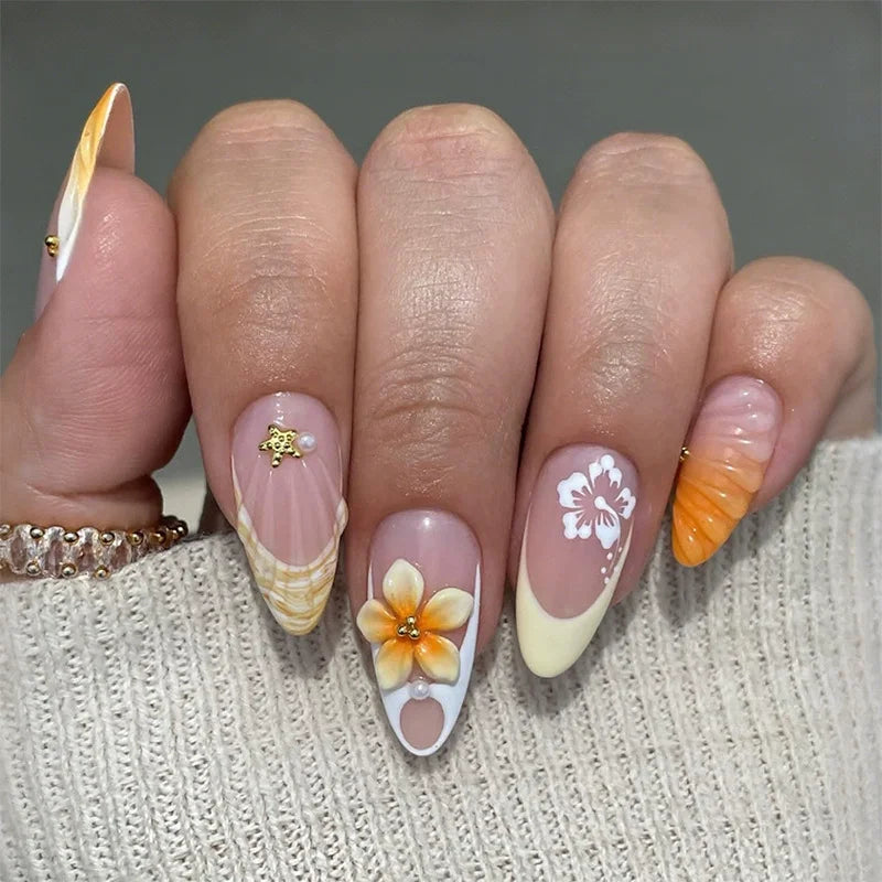 24Pcs Pink Almond False Nails Butterfly Ballet with French Design Wearable Fake Nails Simple Artificial Press on Nails Tips Art