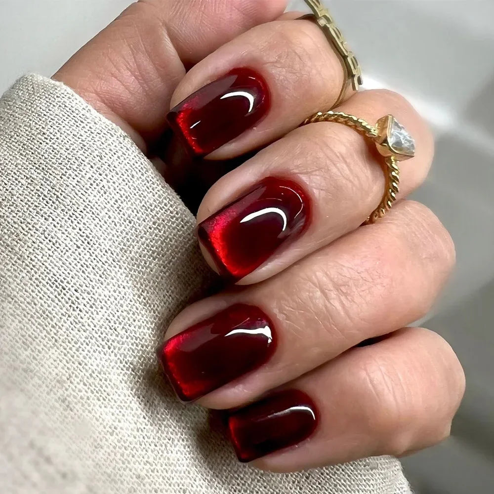 24pcs Burgundy Almond Press on Nail Water Drop Solid Color False Nails Cat Eye Various style Detachable and Wearable Nail Art