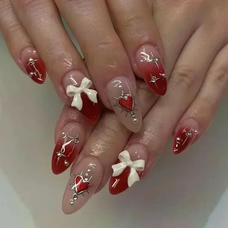 24Pcs Pink Almond False Nails Sweet Summer Fake Nail Cute Flowers Pearl Nails Press Ons Colorful Monet Press on Nails for Girls