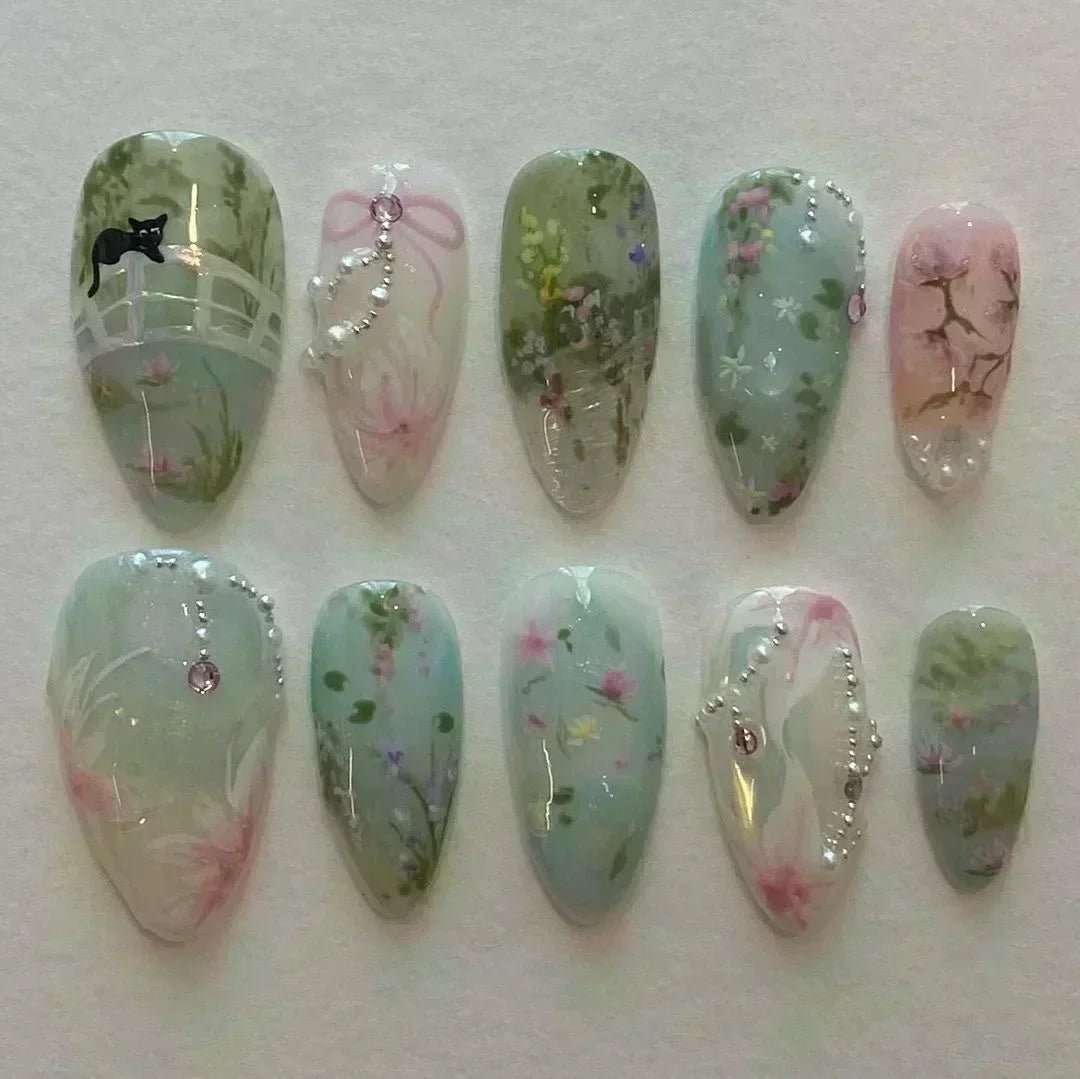 24Pcs Pink Almond False Nails Sweet Summer Fake Nail Cute Flowers Pearl Nails Press Ons Colorful Monet Press on Nails for Girls