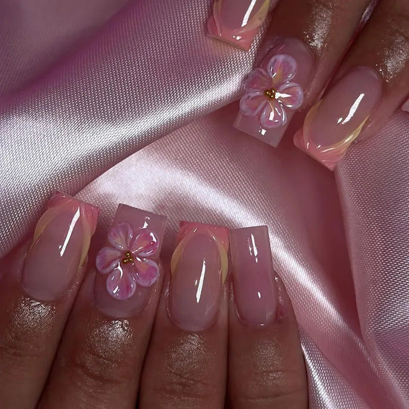 24pcs 3D Flower Press on Nails French Square False Nails Wearable Stick-on Nail Fake Nails Uñas Postizas Накладные Ногти 네일팁