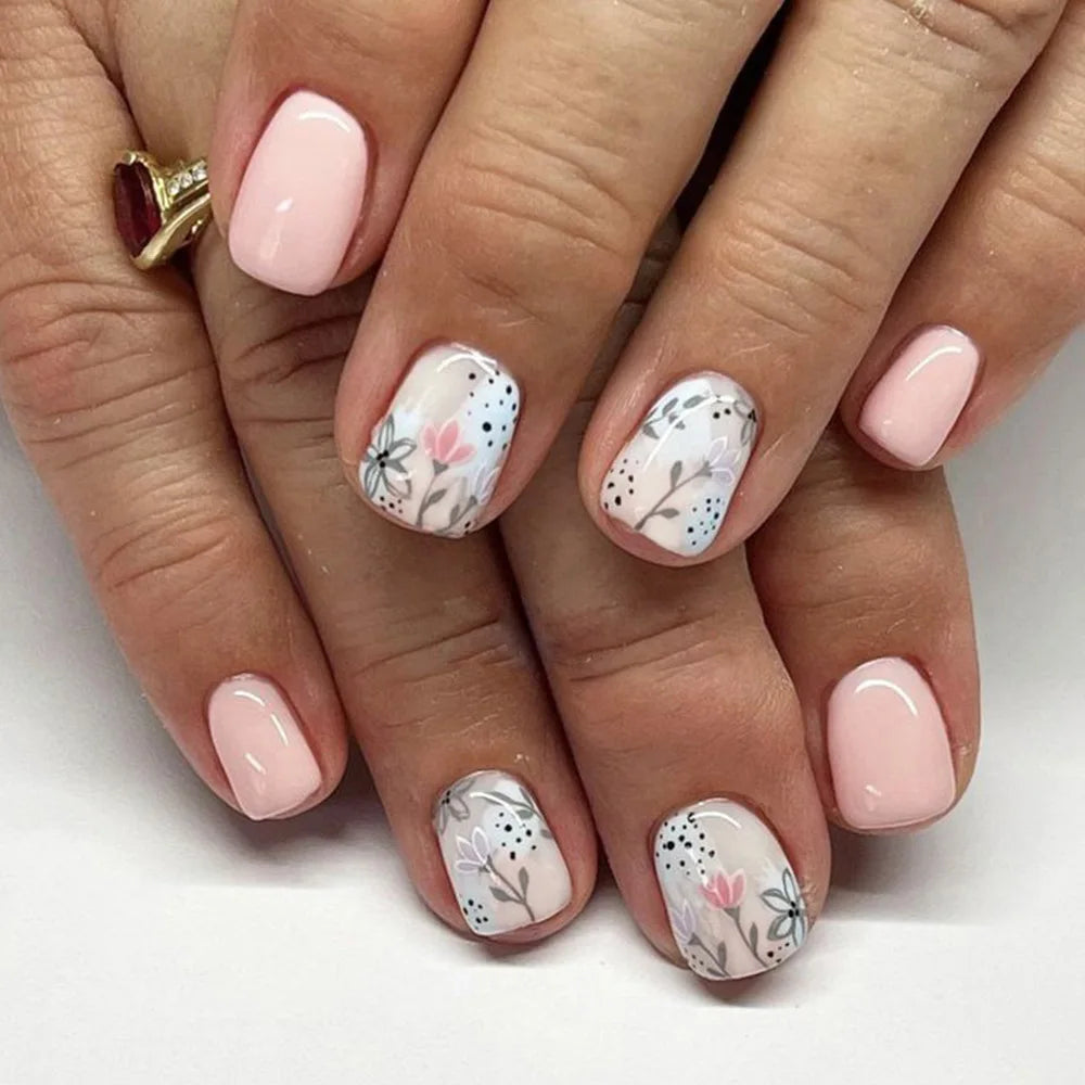 24pcs 3D Flower Press on Nails French Square False Nails Wearable Stick-on Nail Fake Nails Uñas Postizas Накладные Ногти 네일팁