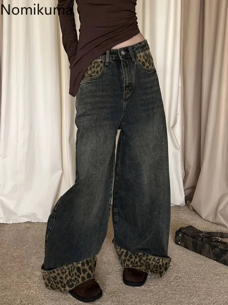 Retro Leopard Print Y2k Jeans for Women Harajuku Wide Leg Pants 2025 New Bottoms Denim Trousers Casual Straight Fashion Trousers