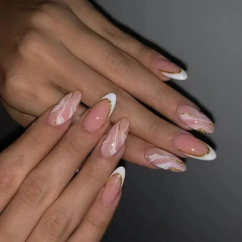 24Pcs Pink Almond False Nails Sweet Summer Fake Nail Cute Flowers Pearl Nails Press Ons Colorful Monet Press on Nails for Girls