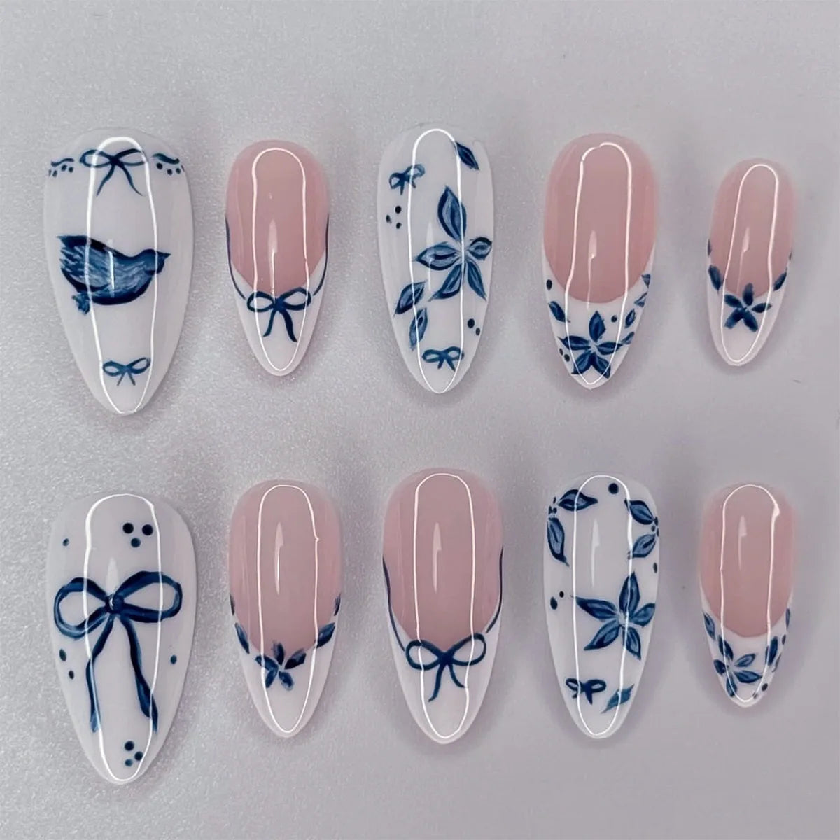 24Pcs Pink Almond False Nails Sweet Summer Fake Nail Cute Flowers Pearl Nails Press Ons Colorful Monet Press on Nails for Girls