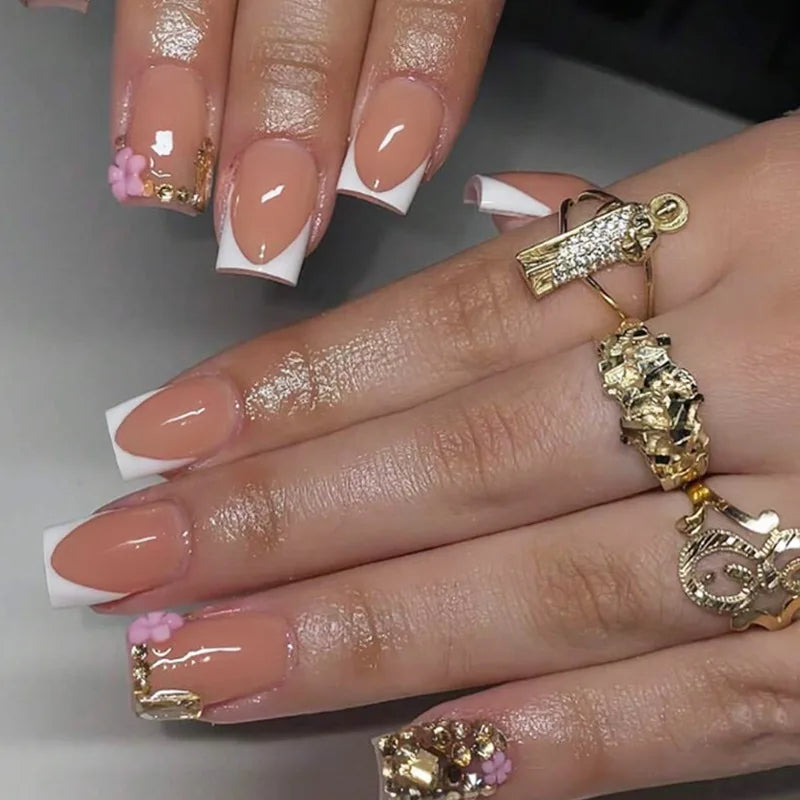 24pcs 3D Flower Press on Nails French Square False Nails Wearable Stick-on Nail Fake Nails Uñas Postizas Накладные Ногти 네일팁