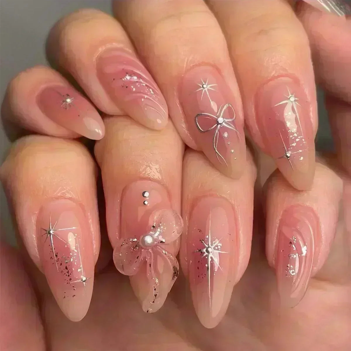 24Pcs Pink Almond False Nails Sweet Summer Fake Nail Cute Flowers Pearl Nails Press Ons Colorful Monet Press on Nails for Girls