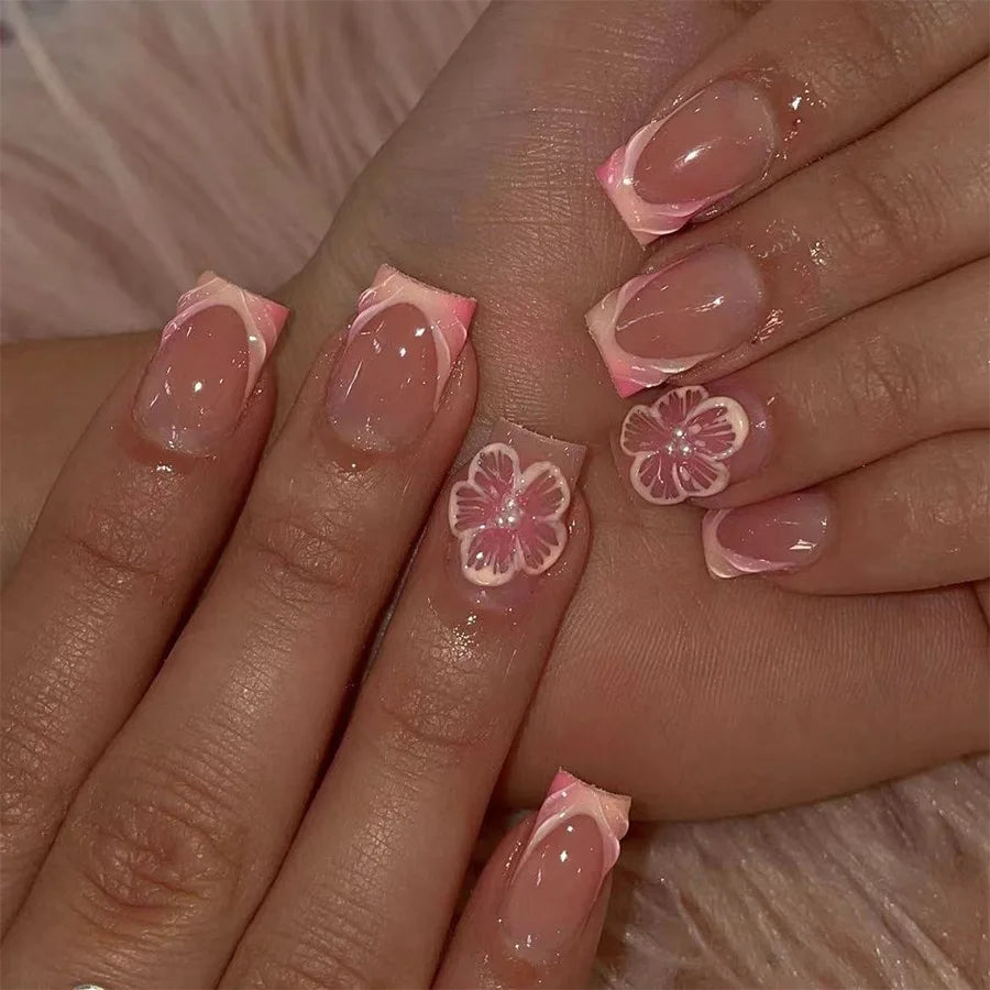 24pcs 3D Flower Press on Nails French Square False Nails Wearable Stick-on Nail Fake Nails Uñas Postizas Накладные Ногти 네일팁