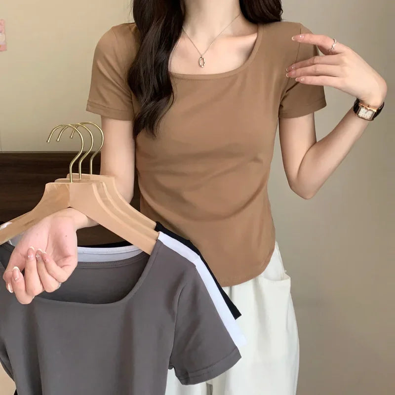 2025 Summer New Korean Style Short Sleeve Women's T-shirt Slimming U-neck Top Direct From Manufacturer Slimming Design Women's