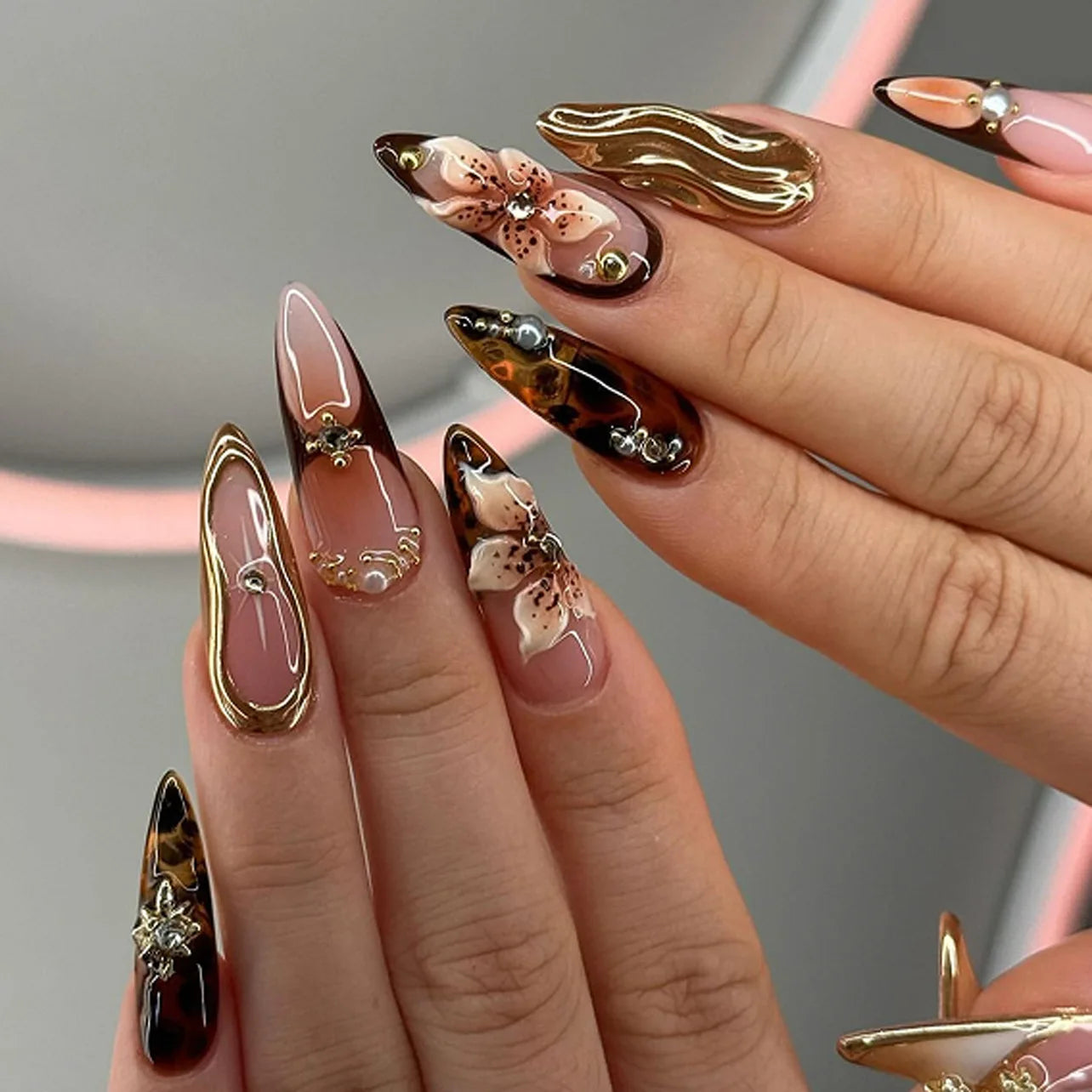 24Pcs Pink Almond False Nails Sweet Summer Fake Nail Cute Flowers Pearl Nails Press Ons Colorful Monet Press on Nails for Girls